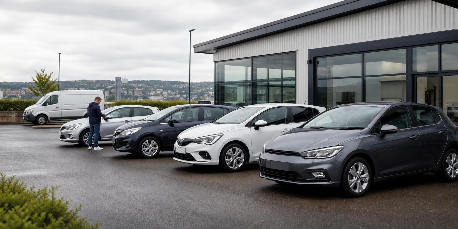 Modern compact hire cars lined up at a Sheffield vehicle hire forecourt