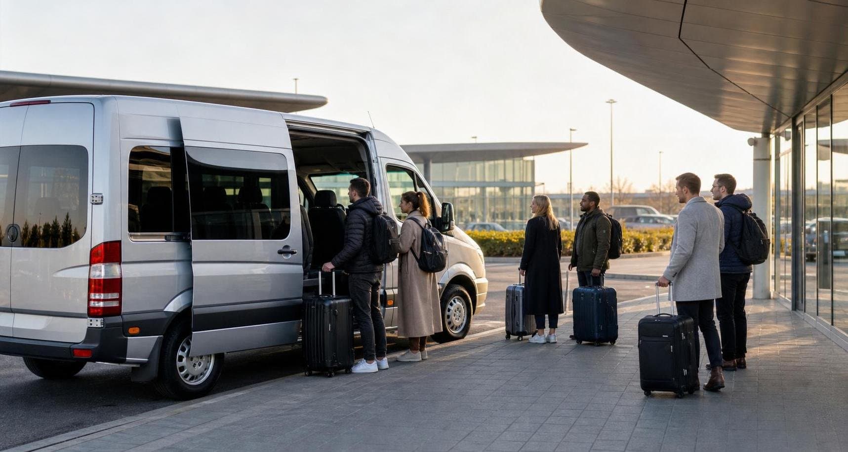 Minibus with adult passengers and luggage at an airport drop-off area