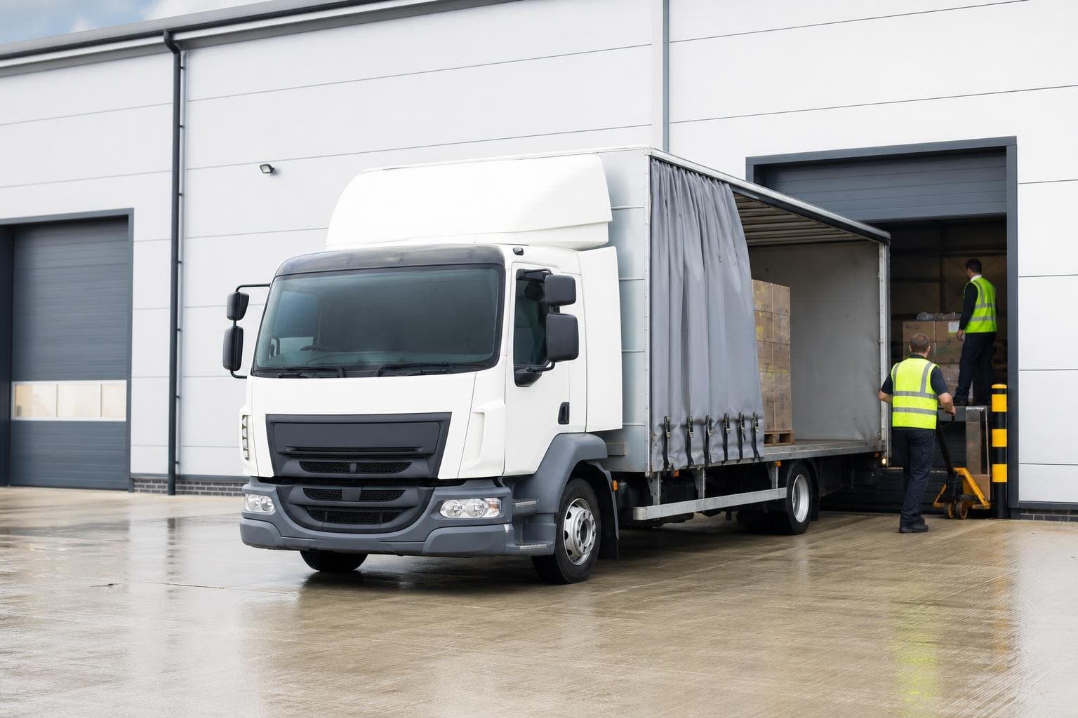Rigid hire truck at an industrial delivery bay with pallets being unloaded